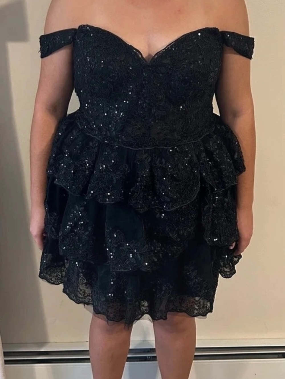 Off-Shoulder Black Sequin Lace Homecoming Dress 22W